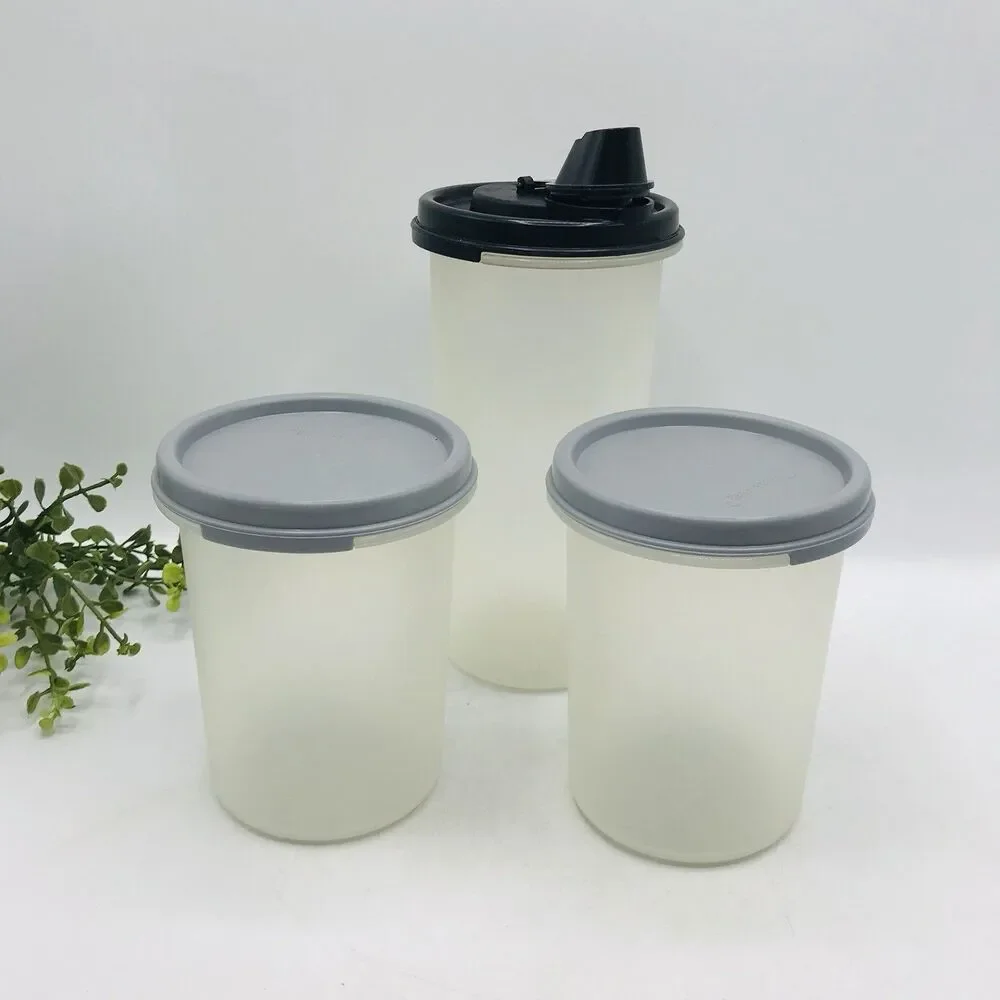 Tupperware 3 Pc Assorted Shake and Pour Bottle, 2 Small Round Gray Black